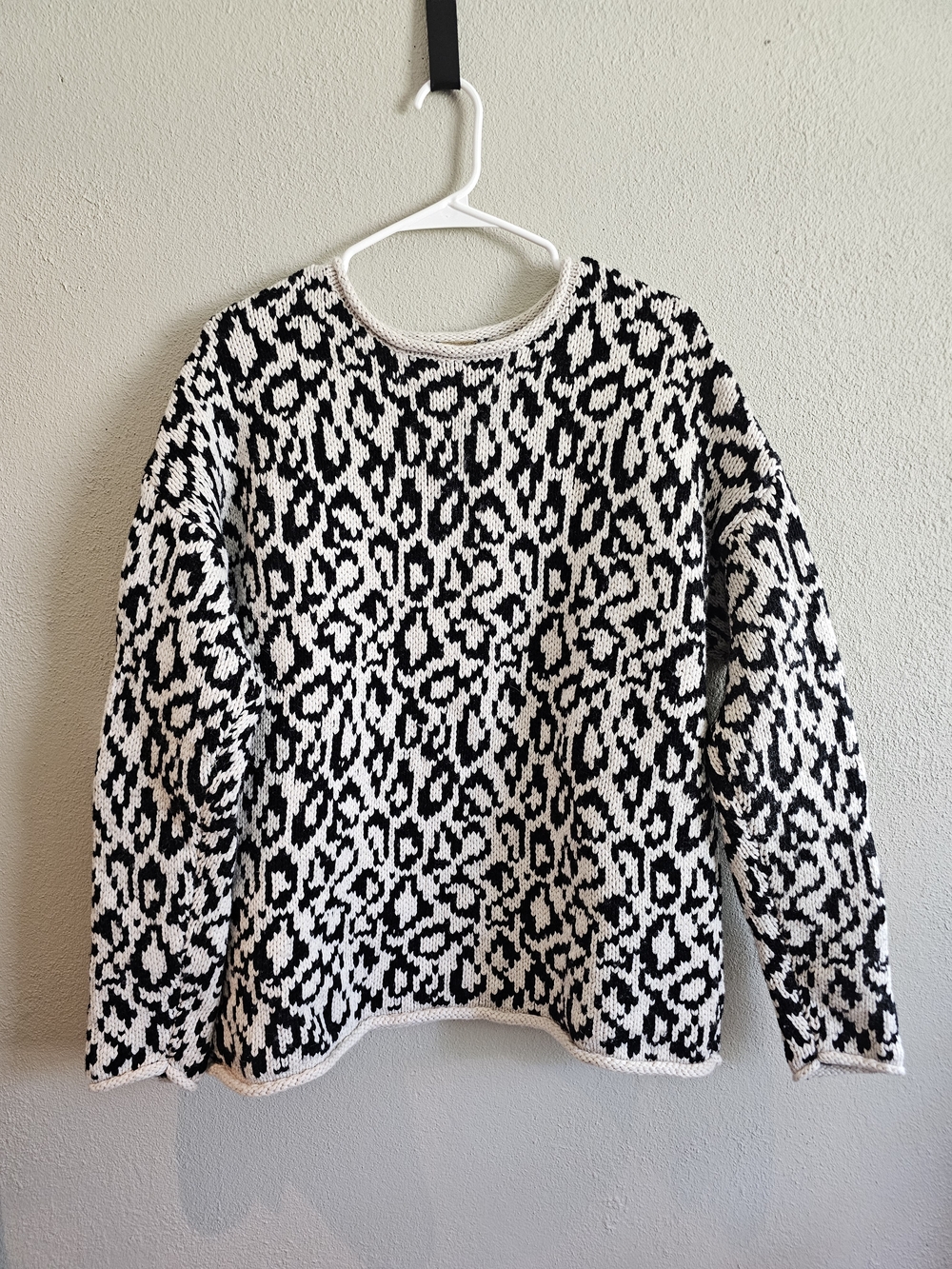 Magaschoni Black and White Cotton Wool Blend Leopard Knit Crewneck Sweater Large